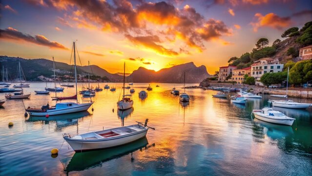 Experience Mallorca's magic: Sant Elm's sunset paints the calm Mediterranean, sailing boats at anchor near a charming village.