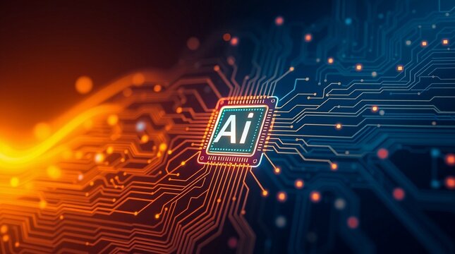 Futuristic AI chip with glowing circuit lines on a high-tech abstract background