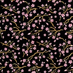 Seamless pattern, pattern, watercolor, gorgeous pattern with cherry blossom on black background, oriental elegance, botanical style