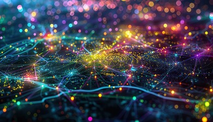 Fototapeta premium World night view futuristic international telecommunication network, concept about global connection and information, background with colourful dynamic gradient line flows connecting cityspace