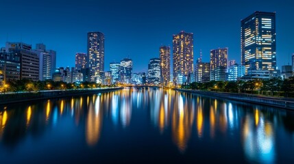 Fototapeta premium Nighttime skyline of modern Tokyo, with high-rise buildings shining brightly and reflections on the streets.