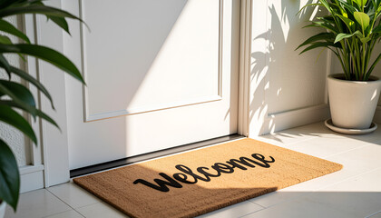 Welcome mat inviting guests at front door - warm hospitality for real estate and home decor