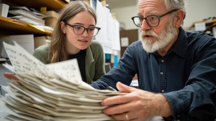 An elderly man with glasses demonstrates a collection of historical documents to a young woman in a storage room filled with papers during an educational discussion on archival research.