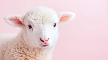 Fototapeta premium Cute white lamb looks directly at the camera in a close-up portrait against a pastel pink background.