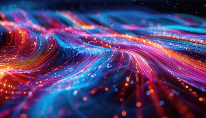 World night view futuristic international telecommunication network, concept about global connection and information, background with colourful dynamic gradient line flows connecting cityspace