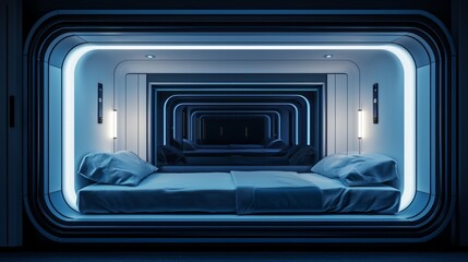 Obraz premium Futuristic Minimalist Bedroom Design with Blue Lighting Effects
