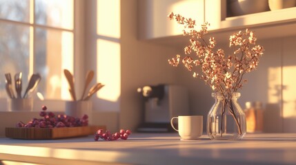 A serene kitchen scene featuring a vase of flowers, coffee cup, and soft morning light