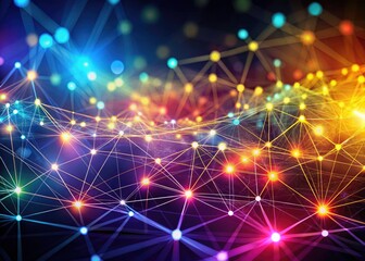 Futuristic network topology: glowing nodes connect via vibrant lines, representing data flow, internet connectivity, and digital technology.