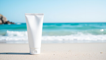 Sleek white sunscreen tube on tropical beach with rocky outcrop - ultimate sun protection for summer adventures