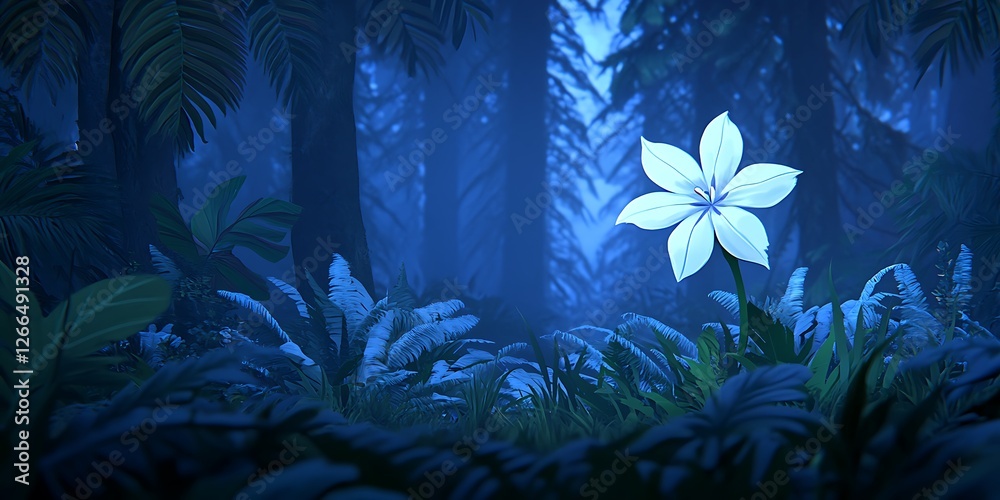 Poster Bloom shines in dark forest. Use serenity, nature background, fantasy, art project