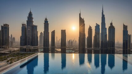 Obraz premium Sunset Cityscape Reflection in Infinity Pool