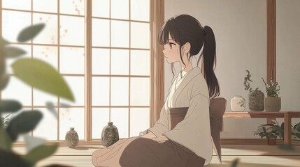 Serene Girl in Traditional Attire Sitting in Calm Room Environment