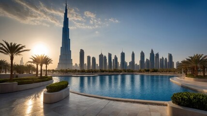 Obraz premium Sunrise Cityscape with Modern Skyscrapers and Pool