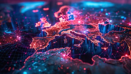 World night view futuristic international telecommunication network, concept about global connection and information, background with colourful dynamic gradient line flows connecting cityspace