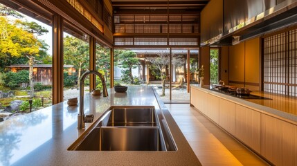 Modern Japanese Kitchen with Serene Garden View and Natural Light