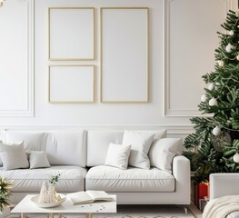 Fototapeta premium Minimalist living room with white sofa. coffee table. Christmas tree and blank frames