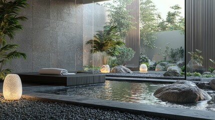 Tranquil Modern Interior with Minimalist Water Feature and Plants