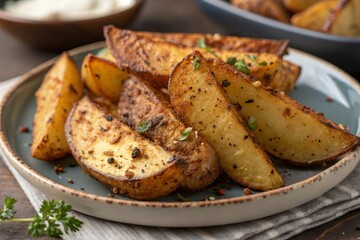 roasted potatoes with herbs of various American fast foods, fries, and snacks 