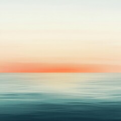 Fototapeta premium A serene view of calm waters under a gradient sky, showcasing soothing pastel tones of blue, orange, and pink. Ideal for conveying tranquility and peace in nature.