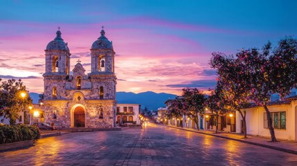 Fototapeta premium Scenic view of Santo Domingo Church in Trujillo, Peru, with a historic plaza and colorful surroundings.