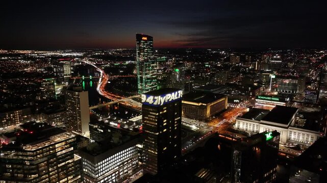 Night Skyline Downtown Philadelphia At Philadelphia In Pennsylvania United States. Highrise Buildings Landscape. Night City Scenery. Philadelphia At Pennsylvania United States. Illuminated City.
