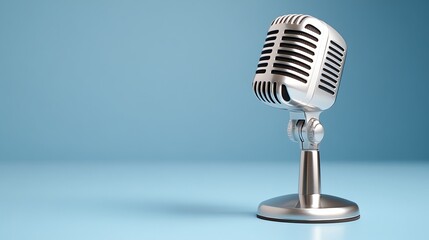 Fototapeta premium Vintage microphone against blue background, symbolizing audio recording and broadcasting technology.