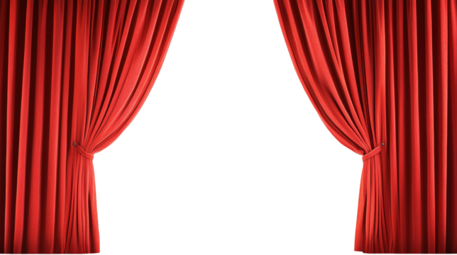 Open red curtains isolated on transparent background