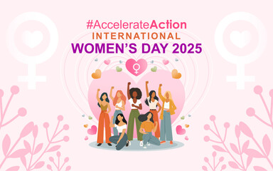Accelerate Action Campaign Pose - International Women's Day 2025. A bold vector banner showcasing diverse women united against discrimination, symbolizing global activism for gender equality and women