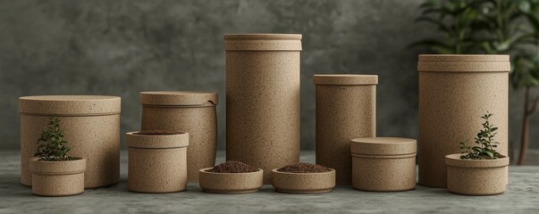 Fototapeta premium A collection of eco-friendly round cardboard containers, some with small plants, arranged on a surface against a textured background.