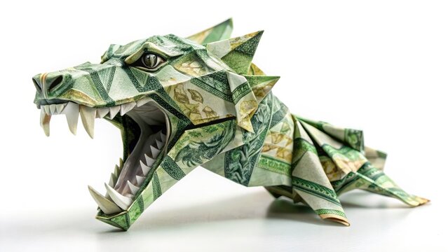 Long exposure reveals the fragility of finance: a dollar bill folded into an animal head, representing economic crisis.