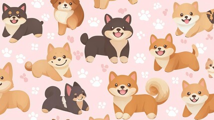 Obraz premium National Pet Day Cat Dog Cute pattern of playful cartoon dogs on pink.