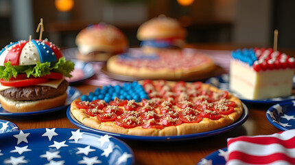 Festive table filled with a variety of delicious foods, all covered with American flag patterns