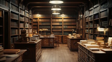 Obraz premium Classic Library Interior with Wooden Shelves and Warm Lighting