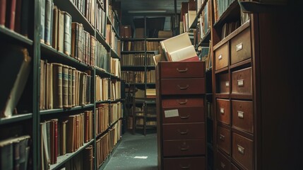 Dimly Lit Library with Rows of Shelves and Wooden Cabinets