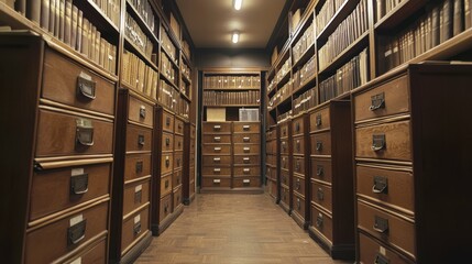 Vintage Library Interior with Wooden Cabinets and Bookshelves