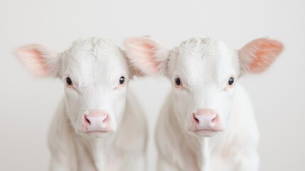 Fototapeta premium Two cute white calves standing side by side against a clean white background in a studio portrait.