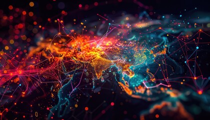 World night view futuristic international telecommunication network, concept about global connection and information, background with colourful dynamic gradient line flows connecting cityspace
