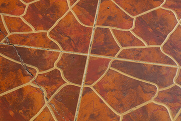 Detailed view of a textured terracotta-colored patterned floor tile.