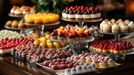 Obraz premium Artful Display of Decadent Desserts Showcasing Cakes and Pastries – Generative AI