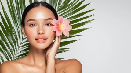Tropical Radiance: A beautiful woman with flawless skin and a radiant smile holds a delicate pink flower behind her ear, with lush tropical foliage framing her portrait.