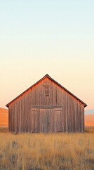 Obraz premium Rustic Barn in Golden Grassland Under Soft Sunrise Light