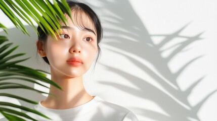 Fototapeta premium Serene Gaze: A young woman with flawless skin gazes thoughtfully, partially obscured by lush green palm leaves, casting dramatic shadows on a bright backdrop.