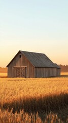 Serene Rustic Barn Surrounded by Wheat Fields Under Soft Sunset Light