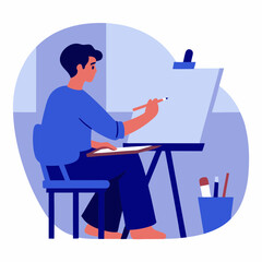 Fototapeta premium Artist sketching on canvas in modern studio