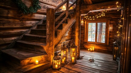 Cozy Rustic Cabin Interior with Wooden Stairs and Warm Lighting