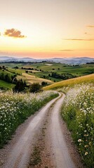 Scenic Country Road Through Lush Green Fields at Sunset