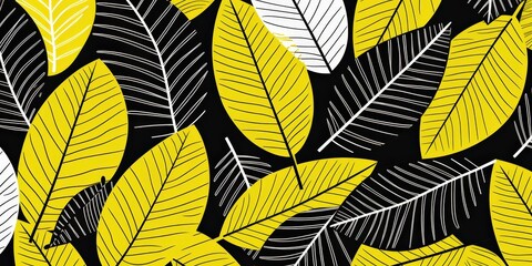 Botanical pattern yellow, gray, and white leaves, seamless on dark. For design