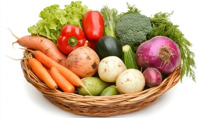 Assorted Fresh Vegetables in Wicker Basket on White Backdrop Overhead Shot