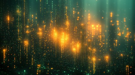 Abstract golden particles falling on a dark green digital background