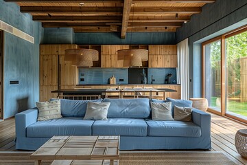 Interior of beautiful living room with sofa, carpet, table, chairs, sliding door and window